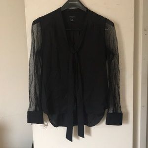 Sheer Sleeve Black Blouse, v neck, tie at front